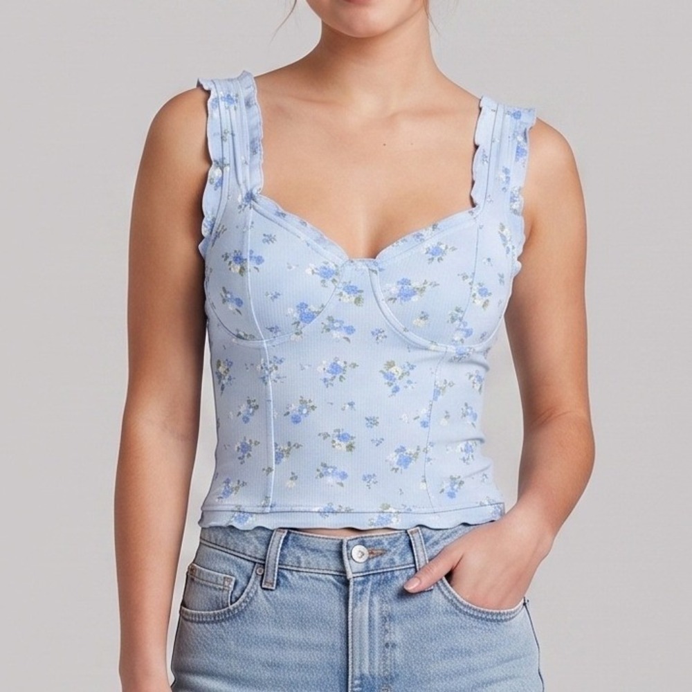 Madden Girl Floral Ribbed Corset Tank Top S Junior Blue Ruffle BabyDoll Coquette